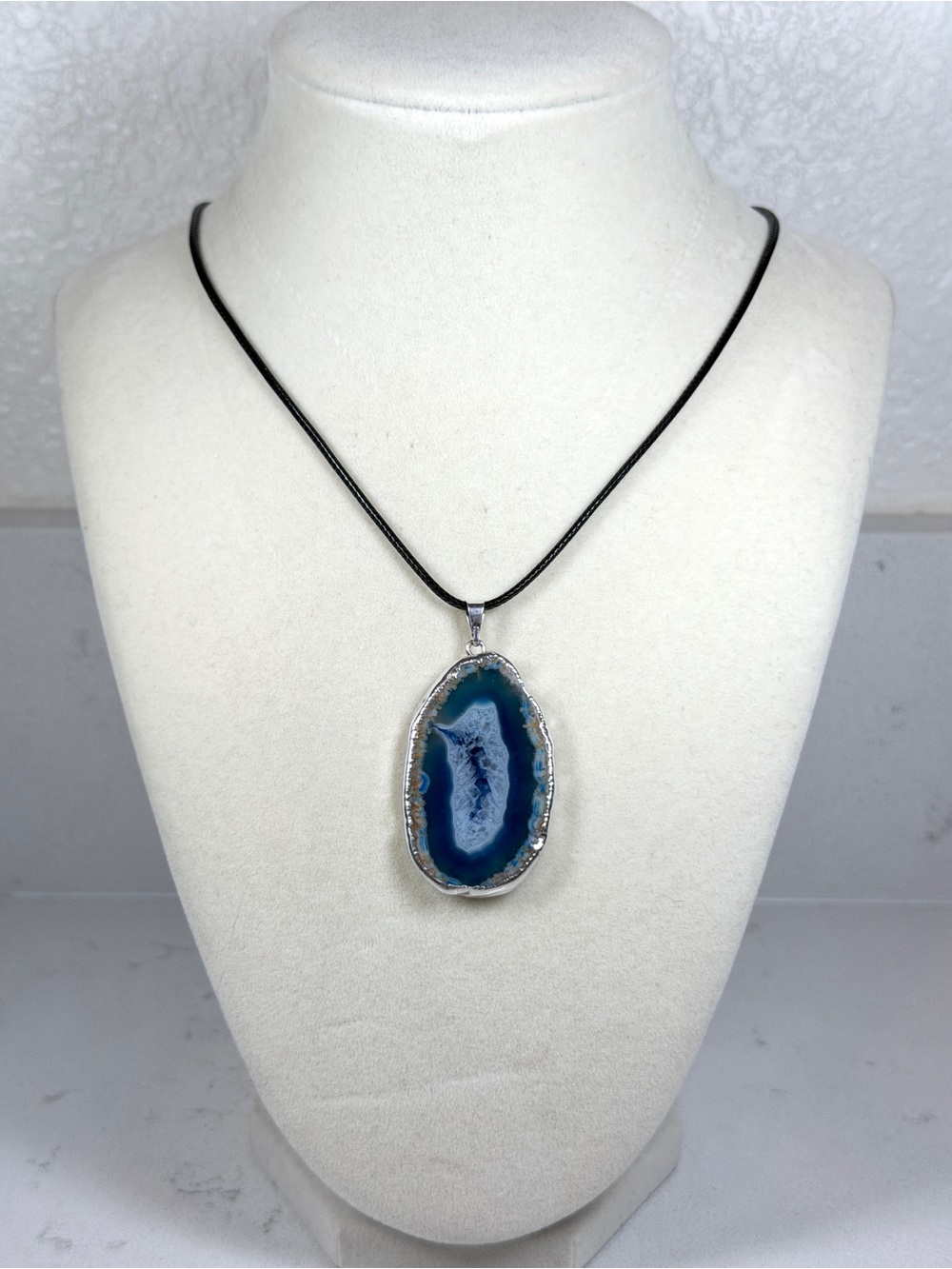 Blue Agate Sliced Geode Pendant Edged with Silver
